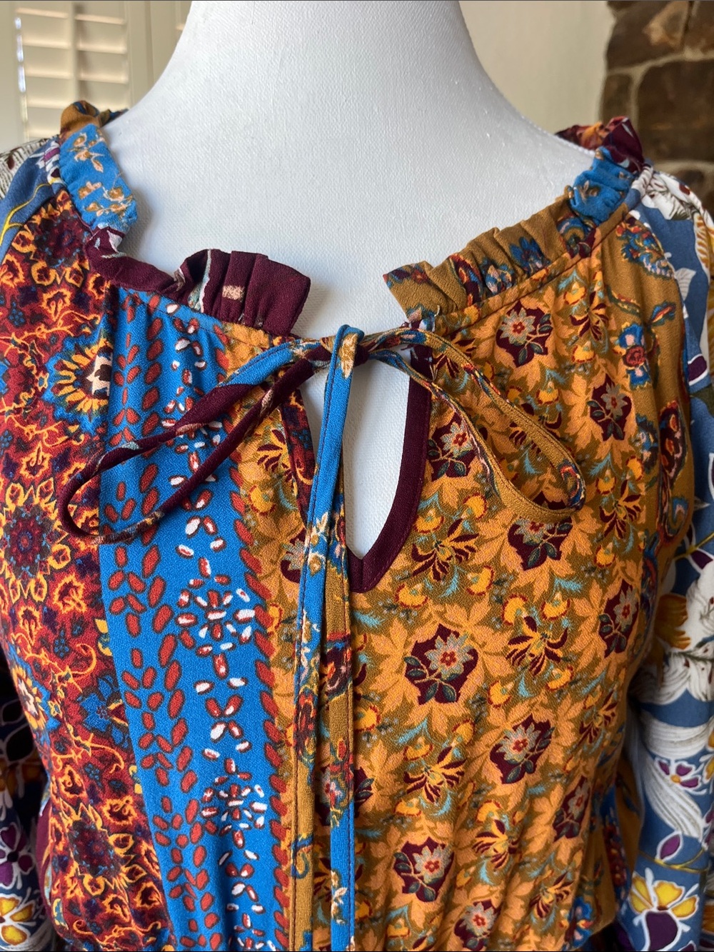 ODDY Boho Patchwork Midi Dress in Mustard, Blue & Burgundy - Picture 5 of 10